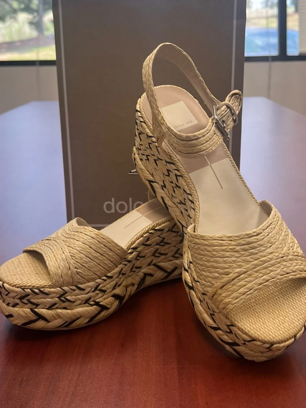 Dolce Vita Tan Woven Raffia Platform Wedge Sandals